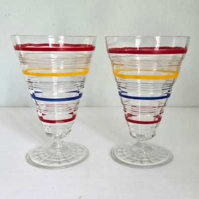Antique Anchor Hocking Banded Rings Footed Tumbler Set of 2 Primary Colors 1927