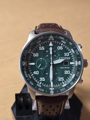 CITIZEN ECO-DRIVE CA0699-08X  GREEN  CHRONO  44MM   BROWN LEATHER   MEN'S WATCH