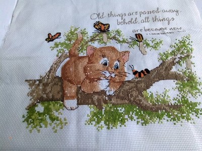 Hand Made Crosstitched In The Philippines Cat Sitting On The Tree Deisgn 18 X 18