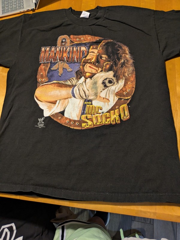 Vintage WWF WWE Mankind & Mr. Socko T‑Shirt – “Worship the Sock” – Attitude Era