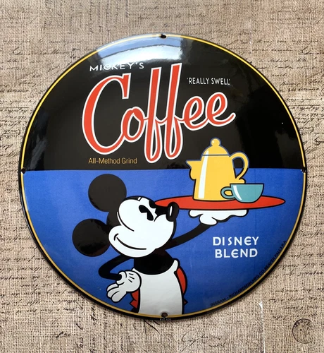 VINTAGE MICKEY MOUSE COFFEE 12" DOME OIL PORCELAIN SERVICE GASOLINE STATION SIGN