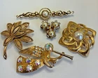 Vintage Brooch Lot Gold Tone Rhinestone Faux Pearl Eisenberg Angel Avon Monet