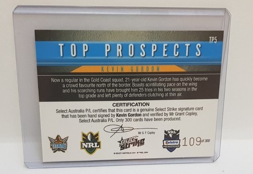 Kevin Gordon Titans 109/300 2011 NRL SELECT STRIKE Top Prospects Signature (#66) - Picture 4 of 24