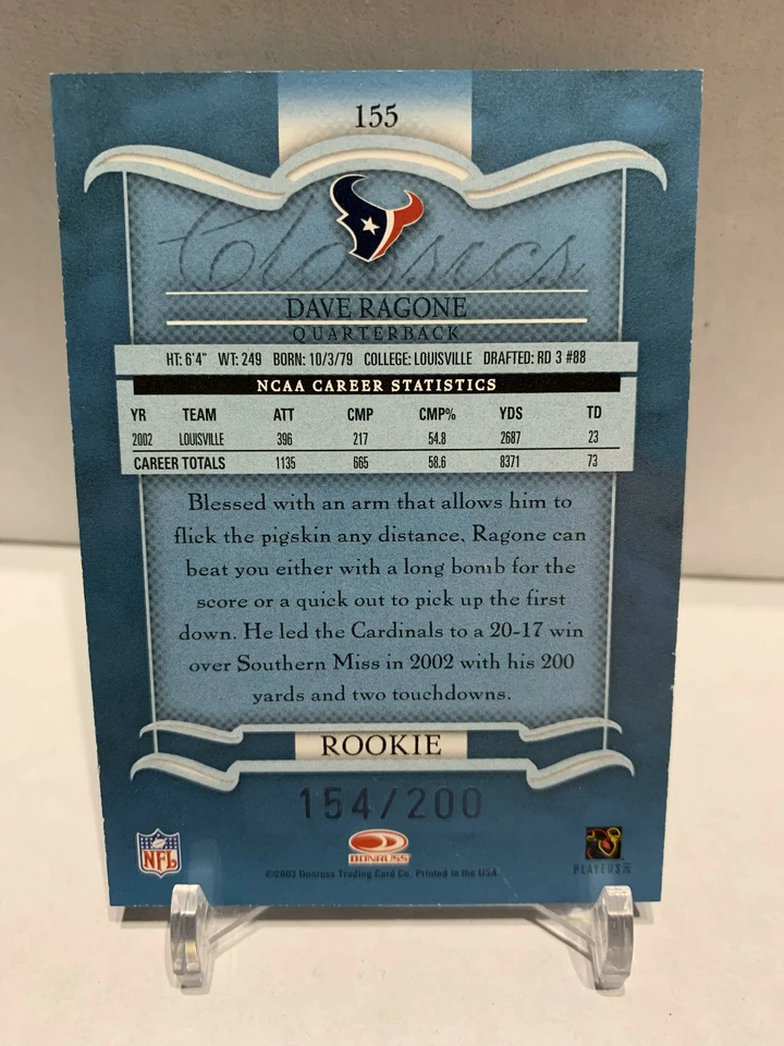 Dave Ragone 2003 Donruss Classics Significant Signatures Rookie Auto 154/200 RC - Image 2 of 2