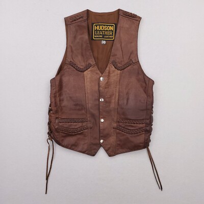 Hudson Leather Vest Womens 38 Brown Braided Lace Up Tassles Biker Motrocycle