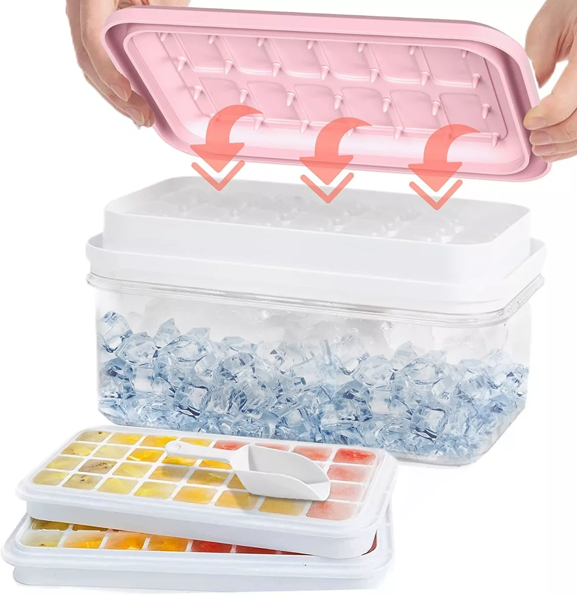 Silicone Ice Cube Tray with Lid and Bin for Freezer, 56 Nugget Ice Tray  (Pink)