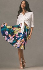 Anthropologie Maeve Midi Skirt The Valerie Pleated Blue Motif Preppy Sz 10 NWT