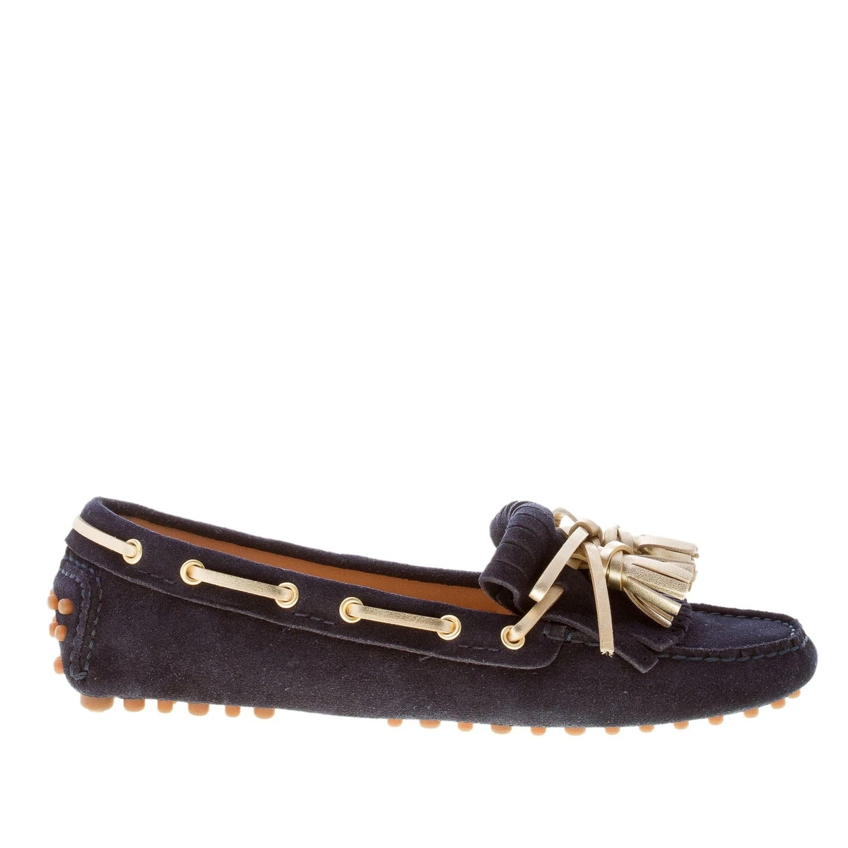 CAR SHOE women shoes blue suede tie front driving mocassin gold