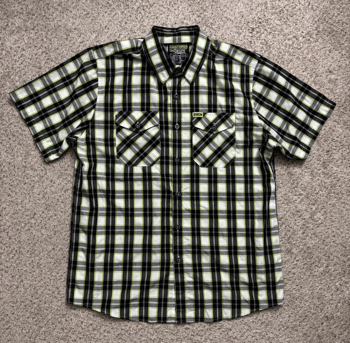 Dixxon Shirt Mens Size Large Green Black Check The Deuce Button-up Short Sleeve