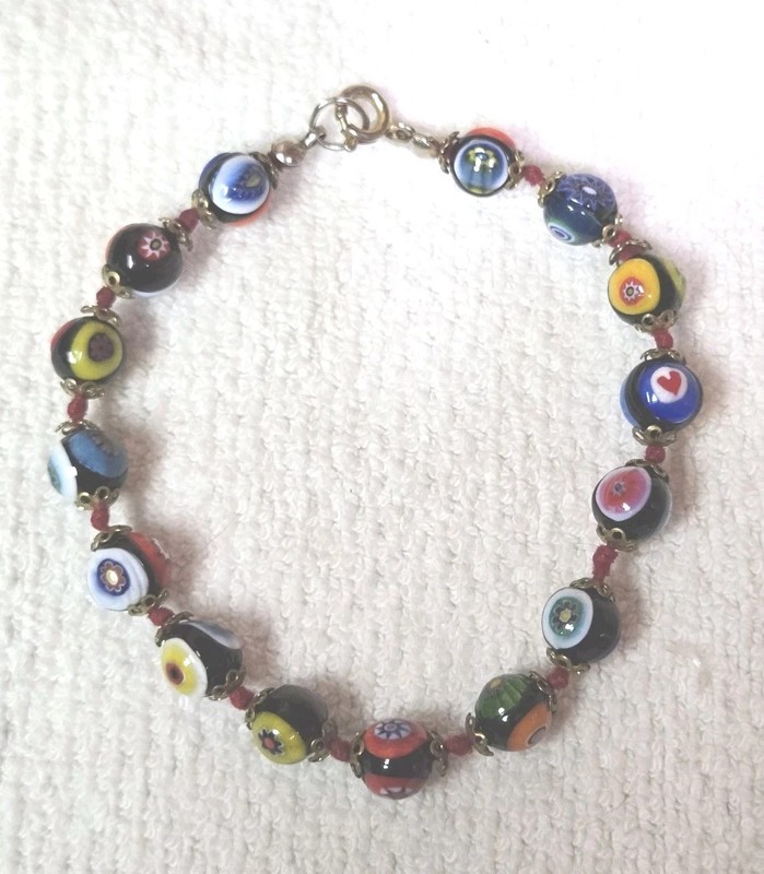 Murano Millefiori Style Glass Bead Bracelet 8"