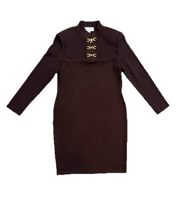 St. John Collection Marie Santana Knit Pencil Dress Brown Gold Buckles Size 8