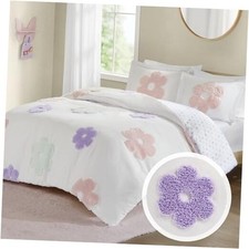 Kids Full Duvet Cover Set for Girls, Tufted F/Q Duvet Cover White/Purple