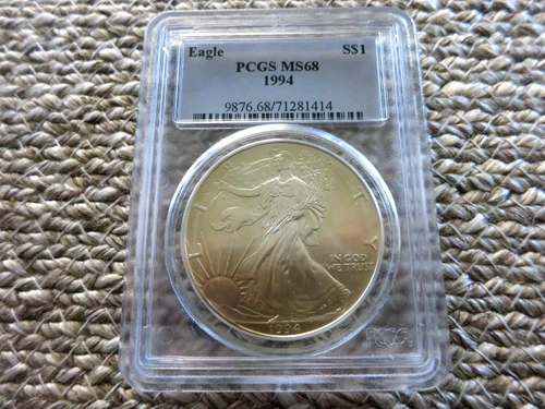 1994 AMERICAN SILVER EAGLE GRADED PCGS MS 68 BEAUTIFUL GOLD TONE