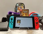 Nintendo Switch Red Blue JoyCon Bundle Lot 128GB SD Card, Rayman, Charger, Case+