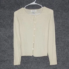Petite Sophisticate Cream Sparkle Button Up Cardigan Sweater P Wool Blend Beaded