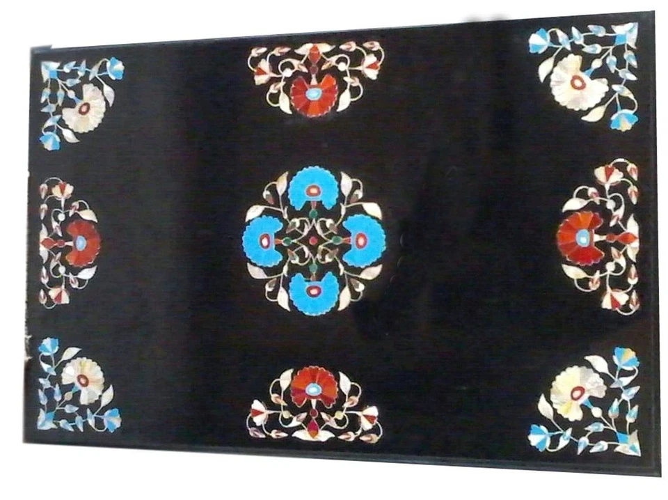 Black Marble Coffee Table Top Semi Precious Stone Inlay Work Hallway Side Table - Image 2 of 4