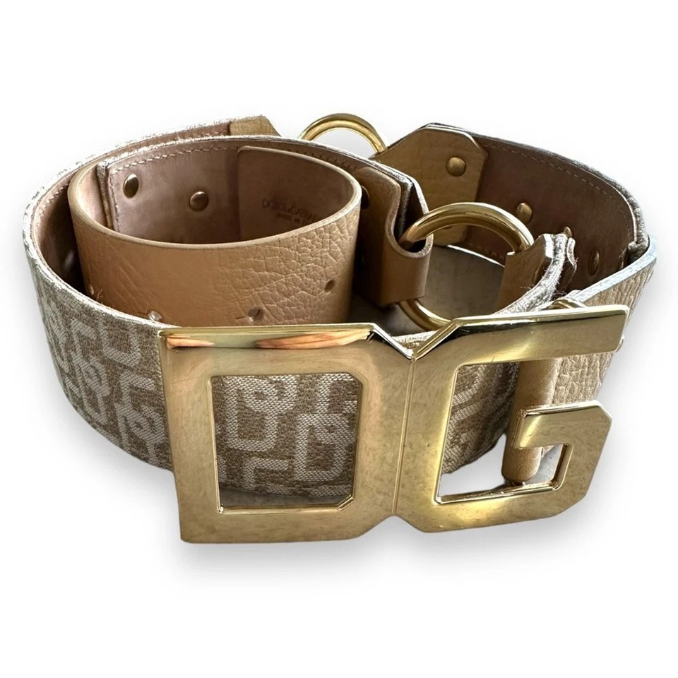 Dolce & Gabbana NUEVO SIN ETIQUETAS Y2K Cuero Tostado BLING BELT -- Logo Hebilla Dorada Mobwife Foto 3 de 4