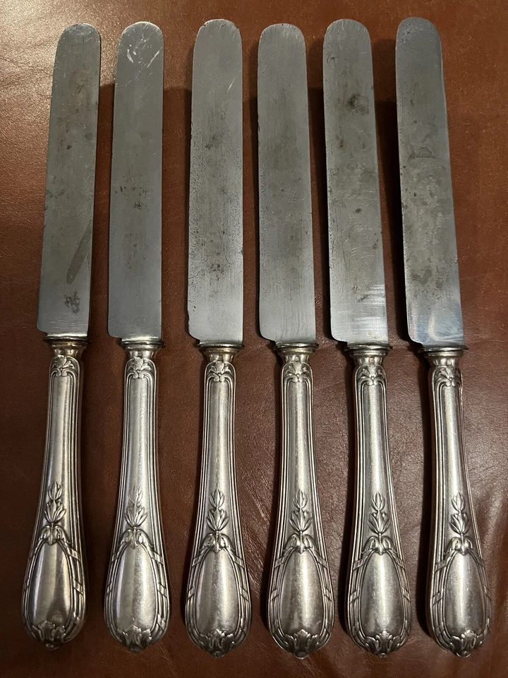 6 Christofle Alfenide Silverplate Louis XVI Style 10-3/8” Banquet Dinner Knives - Image 2 of 4