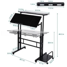 Rolling Laptop Desk Adjustable Height Computer Table Stand up Office Workstation