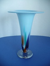 Art Blown Glass Blue Colorful Flared Rim Signed Vase Approx 9.5" Tall Beautiful 