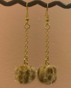 Authentic LEOPARD ANIMAL PRINT FURRY POM POM GOLD PLATED CHAIN DANGLY EARRINGS HANDMADE