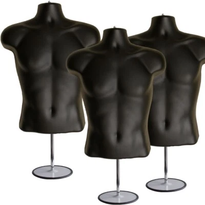EZ-MANNEQUINS 3-Pack Male Black Mannequin Hollow Back Torso with 3 Stands + 3 Hanging Hooks
