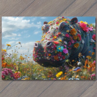 Art Print Hippo Covered Flowers Cute Colorful Unreal Strange Fun Unusual Bright