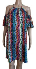 Trina Turk Womens Short Sleeved Multicolor Shift Dress Cold Shoulder Small 
