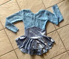 NEW Girls Powder Blue VELVET Floral LACE Competition FIGURE ICE SKATING DRESS