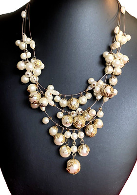 Vintage Faux Pearl Multi-Strand Waterfall Necklace  Gold Tone Scrolling & Wire
