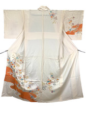 Vintage Silk Houmongi Kimono Unlined Hitoe Orange Yuzen Floral S 25.2in Japan