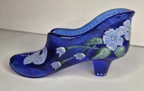 Fenton Cobalt Blue W/ Flowers Slipper Hand-painted By S. Burns