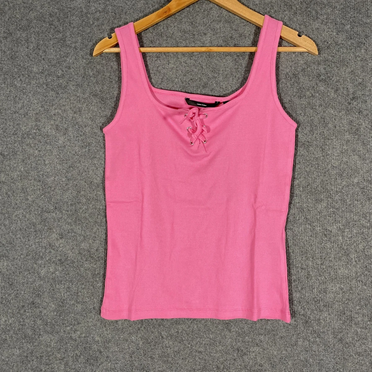 Vero Moda Tank Top Womens US L Pink Cosmos Lace Up Ribbed Organic Cotton NEW
