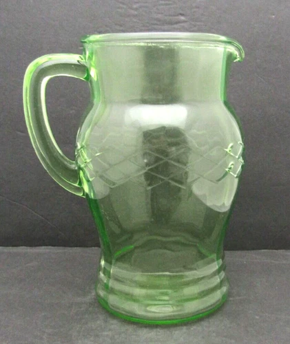 Unbranded Depression Era Green Uranium Glass Pitcher with Diamond Band Pattern