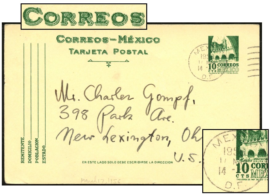 MEXICO 10¢ PSC SCREENED HEADING MAR 1956 DF-US PC143