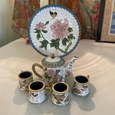 VTG Chinese Cloisonne Gold Plated Brass Miniature Tea Set 6 Pink Peony Bird