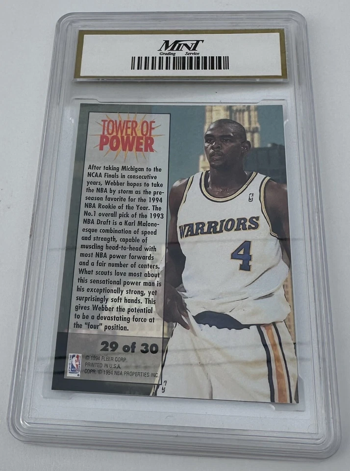 1993 Fleer CHRIS WEBBER #29 Rookie RC Warriors- Tower of Power- GEM-MT 10 - Image 4 of 4