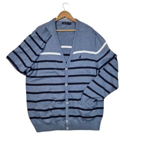 Nautica Strickjacke Pullover Herren XL blau gestreift geknöpft doppelte Tasche - Bild 1 von 12