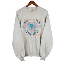 VTG Lace Heart Graphic Sweatshirt XL Grey Jerzees Grandma Valentine Cottagecore