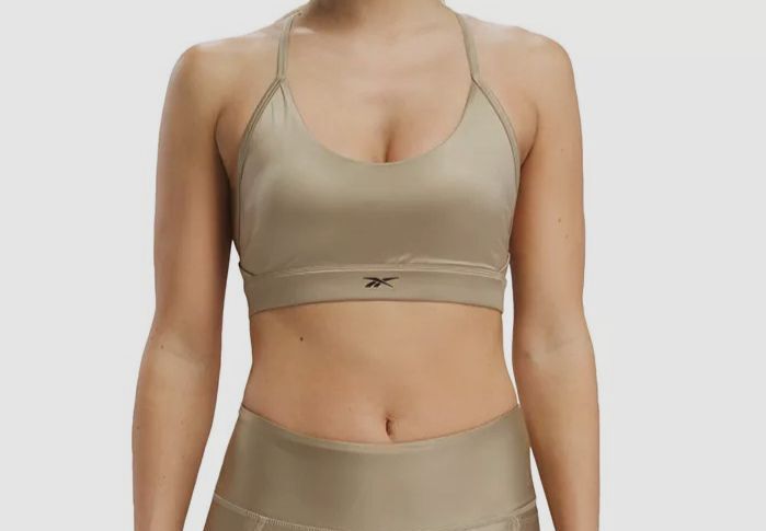 Reebok Women's Beige Shine Lux Strappy Medium-Impact Sports Bra Size XL