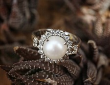 Natural Pearl Ring Halo Delicate Stacking Statement 925 Sterling Silver Promise