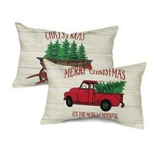 Christmas Pillow Covers 12x20 Inches, Red Vintage Truck  Cart Home NEW