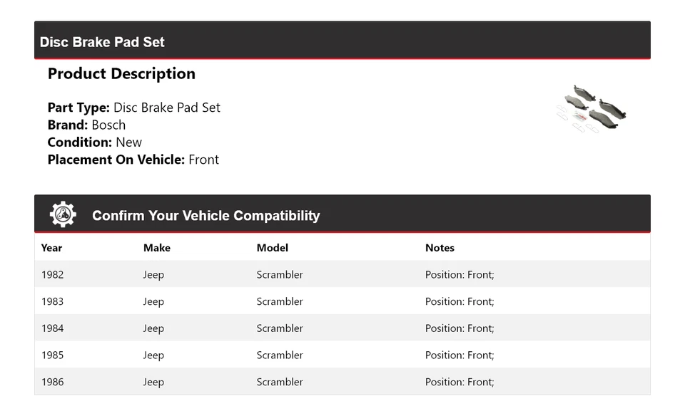 Pastillas de freno semimetálicas para Jeep Scrambler Bosch 1982-1986 con delantera HDW 1983 Foto 2 de 4