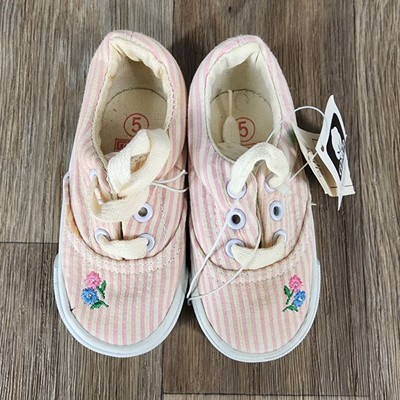 Vintage 90s Striped Pink Canvas Toddler Girls Shoes Size 5 Basic Editions