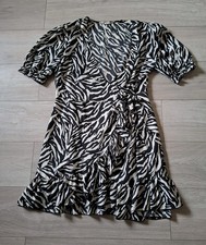 George Black & Grey Zebra Print Flared Wrap Dress Frilled Side Tie Retro UK20