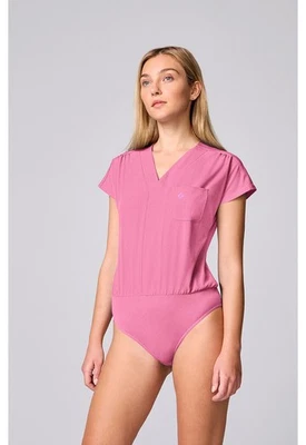 Scrubs Women's Med Couture AMP MC00017 V-Neck Bodysuit Scrub Top Pixel Pink PXPK - Image 1 of 4