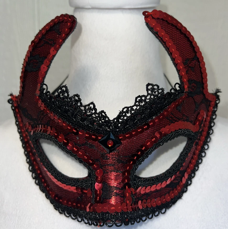 Masquerade Sequin Lace Devil Face Mask Red & Black Shiny Bling Halloween Party - Image 2 of 4
