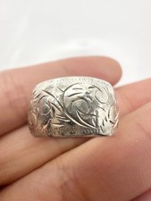 Vintage sterling silver 9.5mm wide band floral comfort fit ring size 4.5