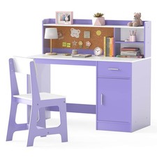 Kids Study Desk and Chair Set Wooden Children Writing Table w/ Shelves & Drawer