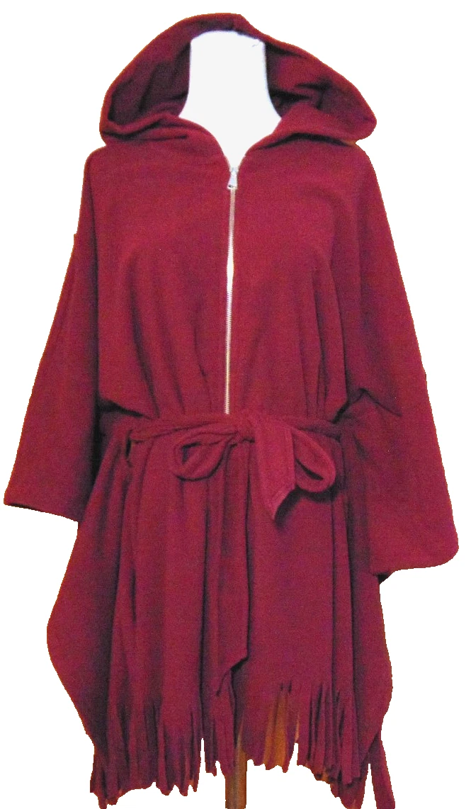 Susan Graver Weekend Fleece Hood Poncho Fringes Wine Western Cape Jacket belt~L
